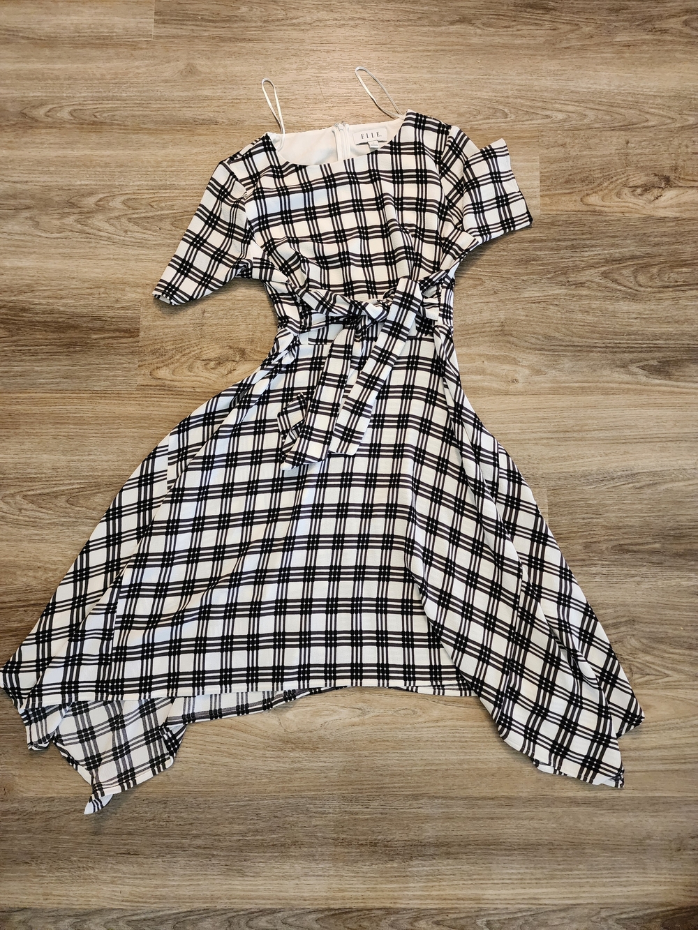 Elle Black & White Plaid Asymmetrical Tie-Waist Dress